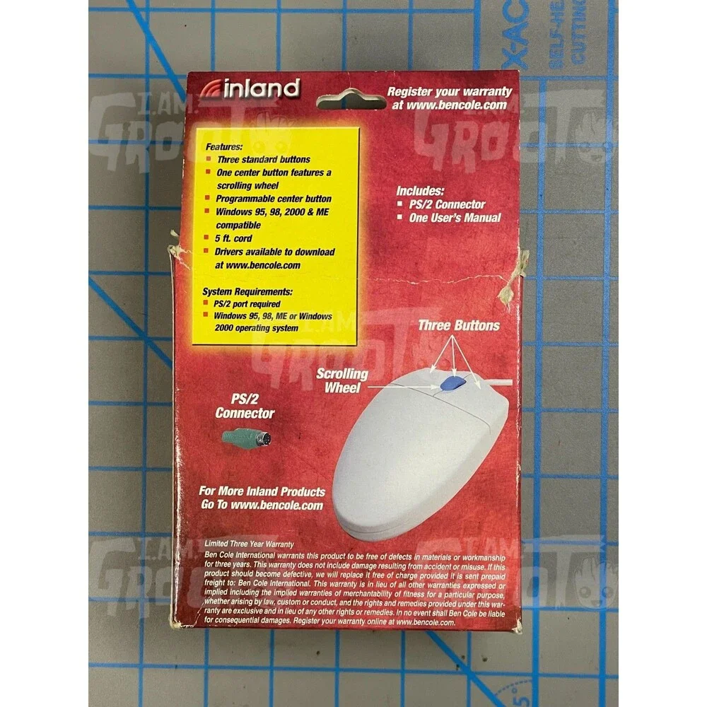 Inland Three Button PS/2 Scrolling Ball Computer Mouse Vintage TESTED WORKING